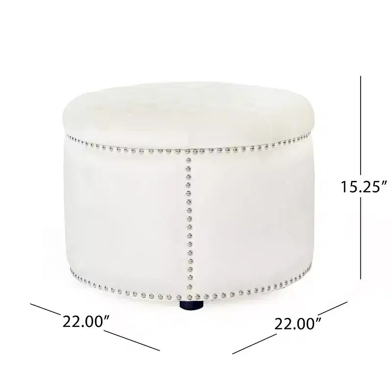 Pouf rond capitonné en velours avec clous de tapissier
