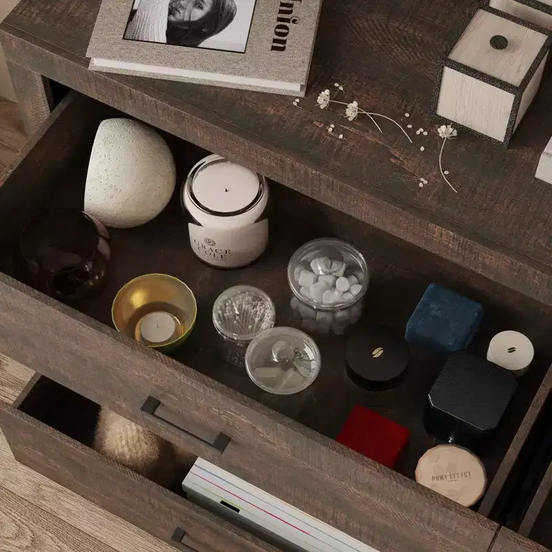 Commode imitation bois avec 6 tiroirs et poignées noires