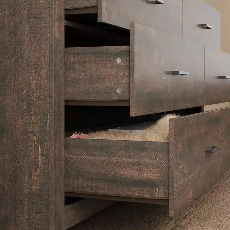 Commode imitation bois avec 6 tiroirs et poignées noires
