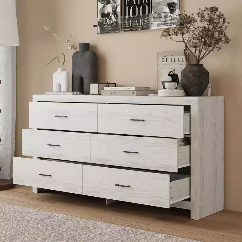 Commode imitation bois avec 6 tiroirs et poignées noires