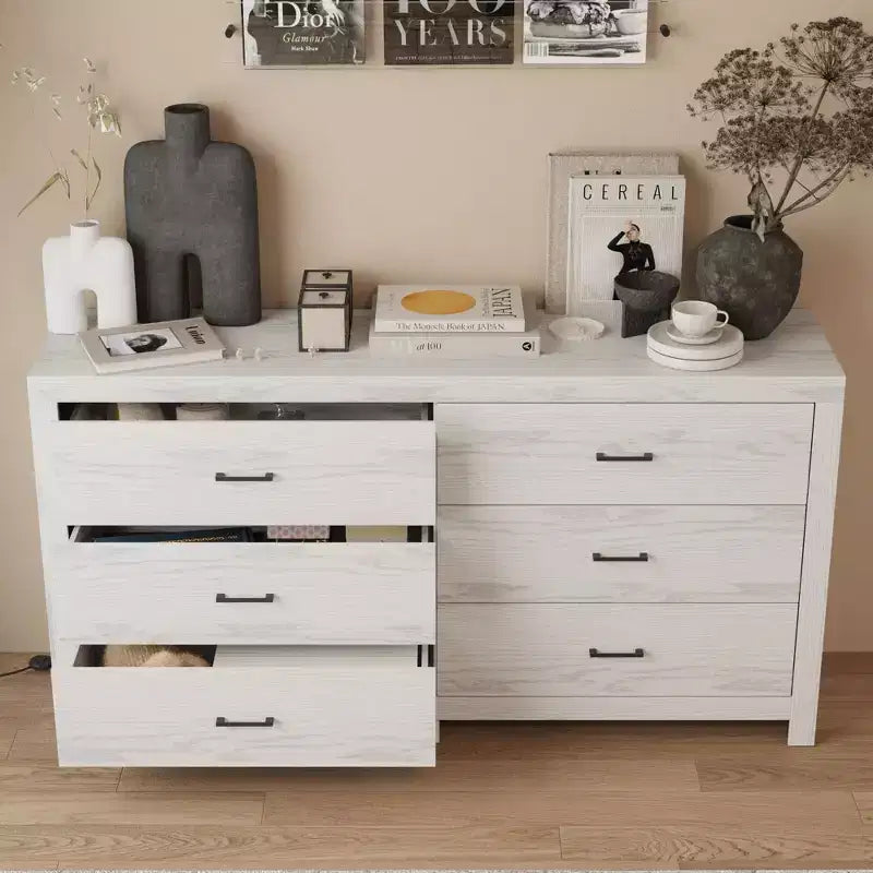 Commode imitation bois avec 6 tiroirs et poignées noires