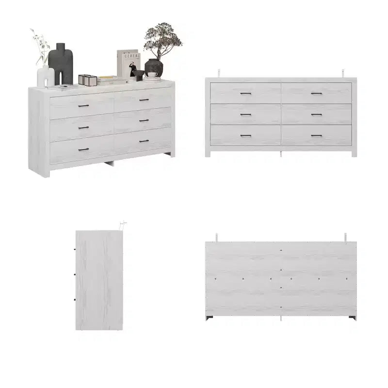 Commode imitation bois avec 6 tiroirs et poignées noires