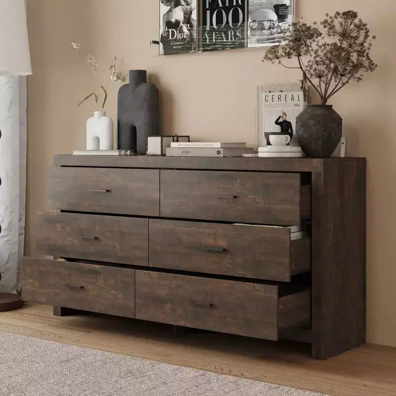 Commode imitation bois avec 6 tiroirs et poignées noires