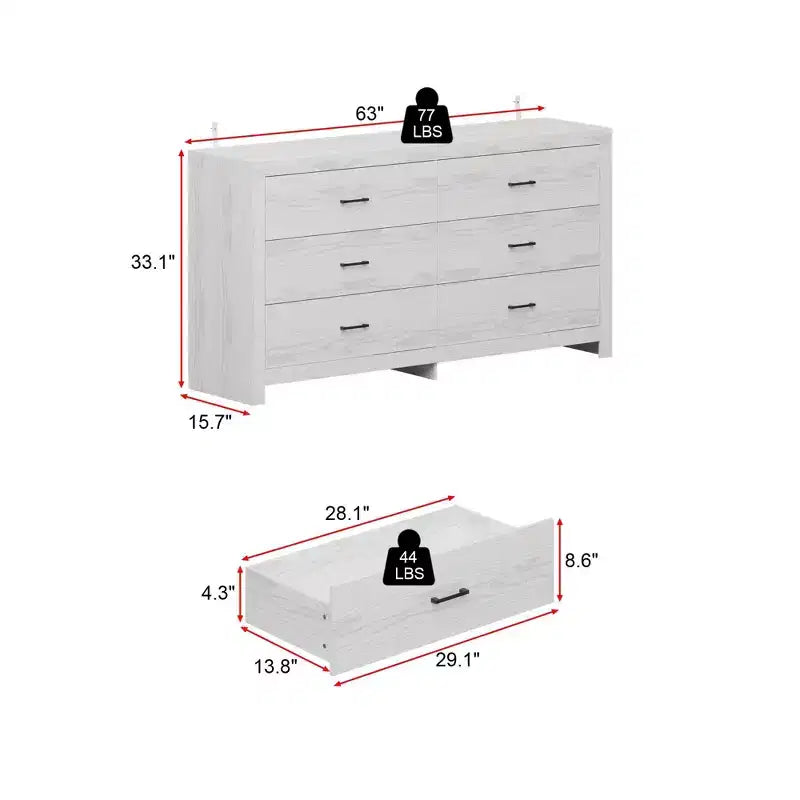 Commode imitation bois avec 6 tiroirs et poignées noires