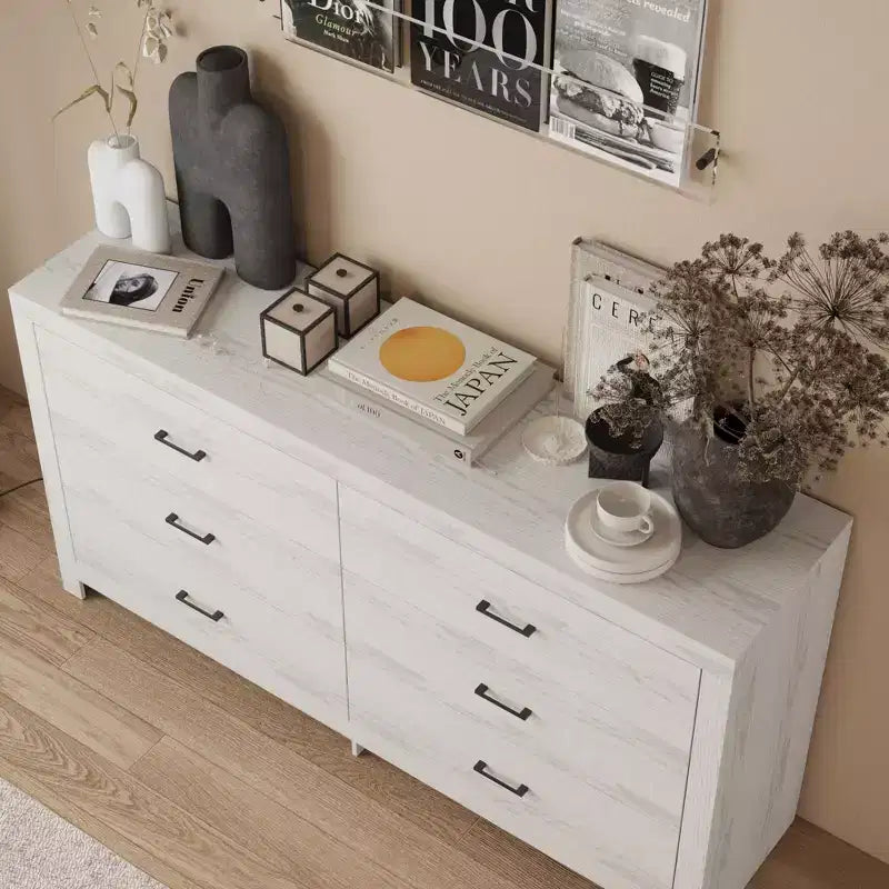 Commode imitation bois avec 6 tiroirs et poignées noires