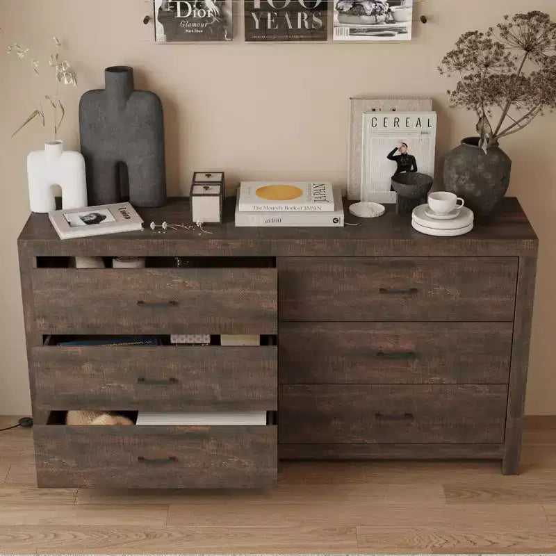 Commode imitation bois avec 6 tiroirs et poignées noires