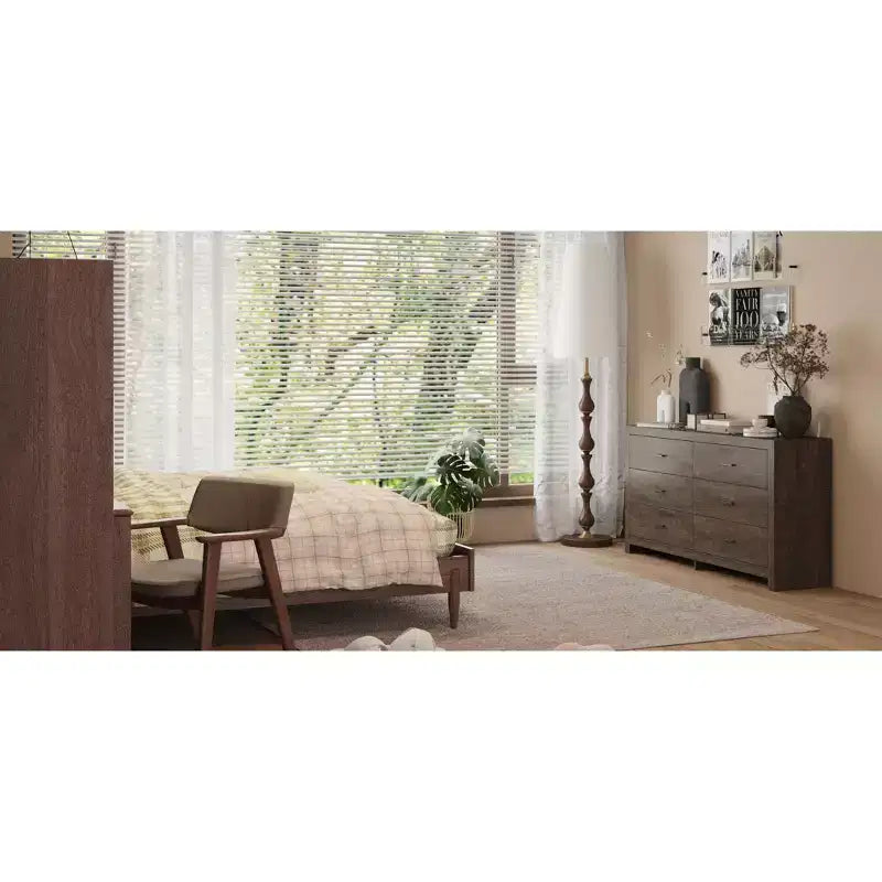 Commode imitation bois avec 6 tiroirs et poignées noires