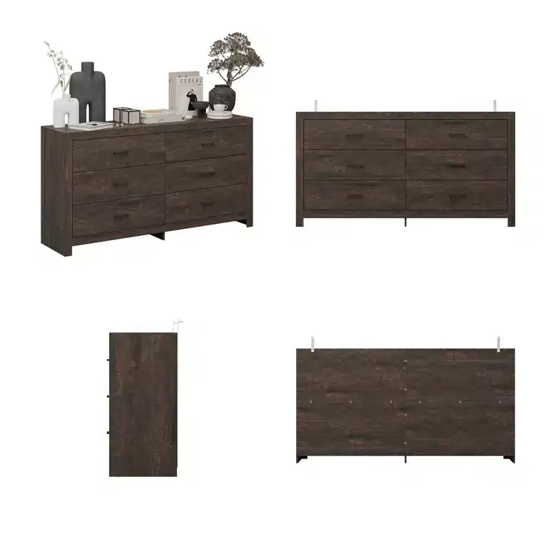 Commode imitation bois avec 6 tiroirs et poignées noires