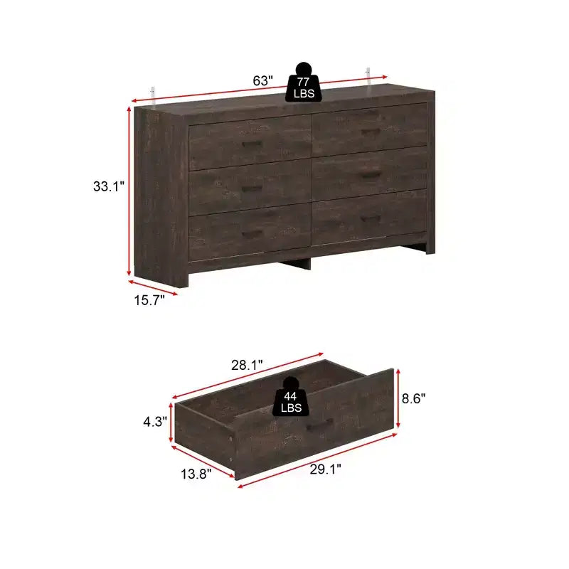 Commode imitation bois avec 6 tiroirs et poignées noires