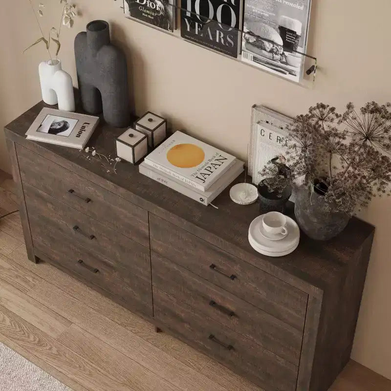 Commode imitation bois avec 6 tiroirs et poignées noires
