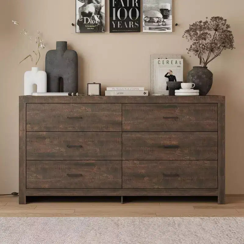 Commode imitation bois avec 6 tiroirs et poignées noires