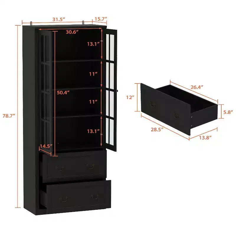 Vitrine bibliothèque avec porte vitrée et tiroirs de 80 cm de large