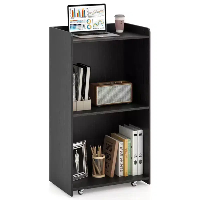 Pupitre de présentation de 104 cm avec 2 étagères de rangement, un support pour ordinateur portable et 4 roulettes pivotantes