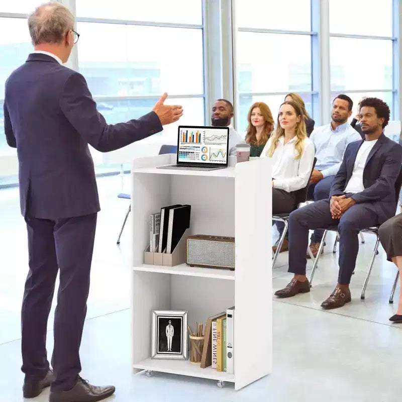 Pupitre de présentation de 104 cm avec 2 étagères de rangement, un support pour ordinateur portable et 4 roulettes pivotantes