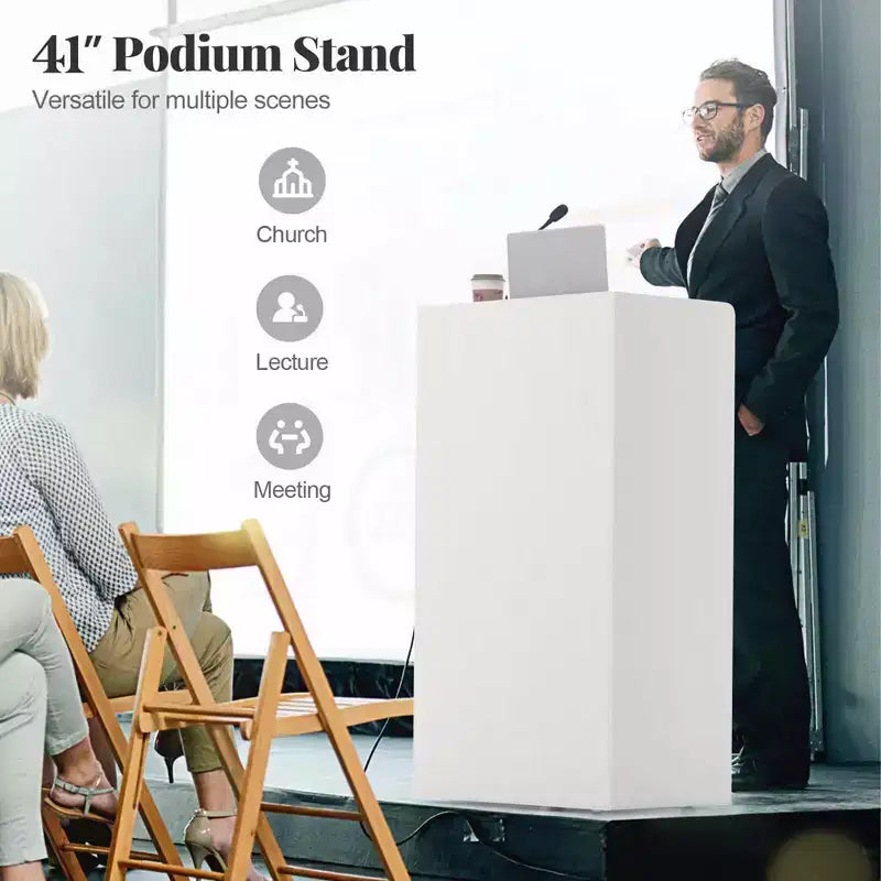 Pupitre de présentation de 104 cm avec 2 étagères de rangement, un support pour ordinateur portable et 4 roulettes pivotantes