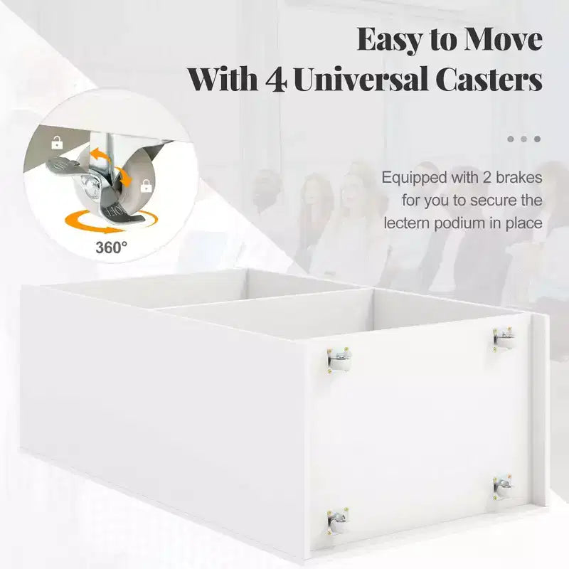 Pupitre de présentation de 104 cm avec 2 étagères de rangement, un support pour ordinateur portable et 4 roulettes pivotantes