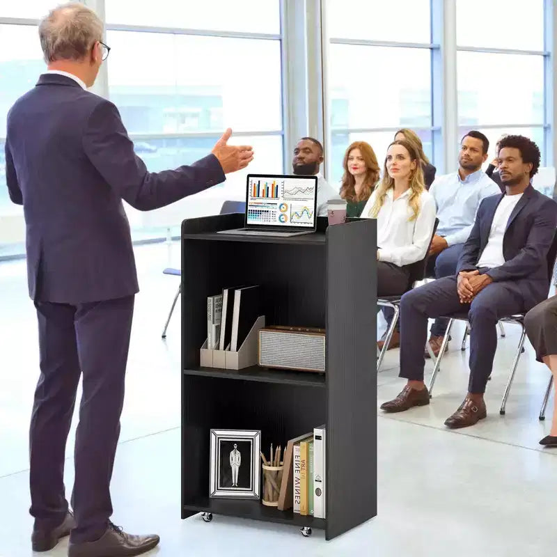 Pupitre de présentation de 104 cm avec 2 étagères de rangement, un support pour ordinateur portable et 4 roulettes pivotantes