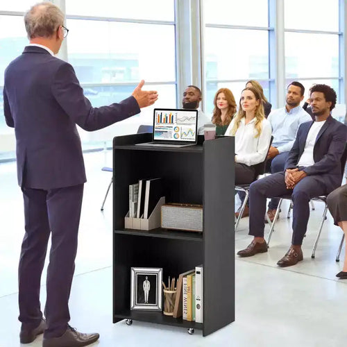 Pupitre de présentation de 104 cm avec 2 étagères de rangement, un support pour ordinateur portable et 4 roulettes pivotantes