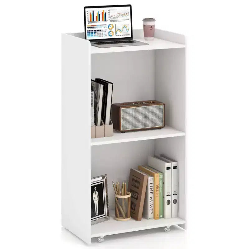 Pupitre de présentation de 104 cm avec 2 étagères de rangement, un support pour ordinateur portable et 4 roulettes pivotantes