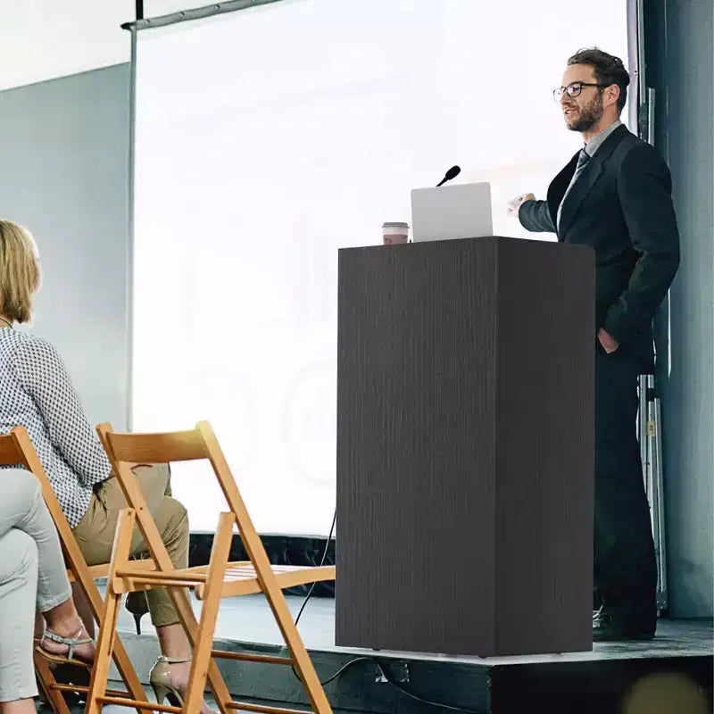 Pupitre de présentation de 104 cm avec 2 étagères de rangement, un support pour ordinateur portable et 4 roulettes pivotantes