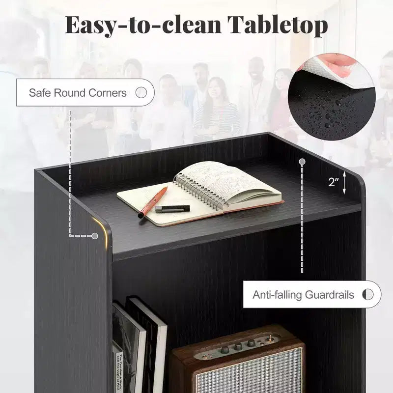 Pupitre de présentation de 104 cm avec 2 étagères de rangement, un support pour ordinateur portable et 4 roulettes pivotantes