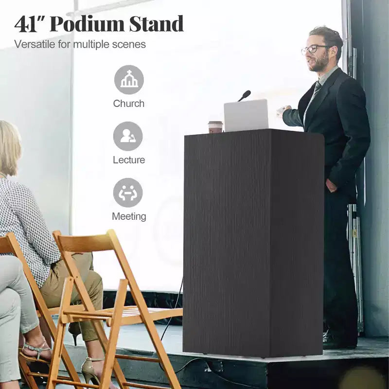 Pupitre de présentation de 104 cm avec 2 étagères de rangement, un support pour ordinateur portable et 4 roulettes pivotantes