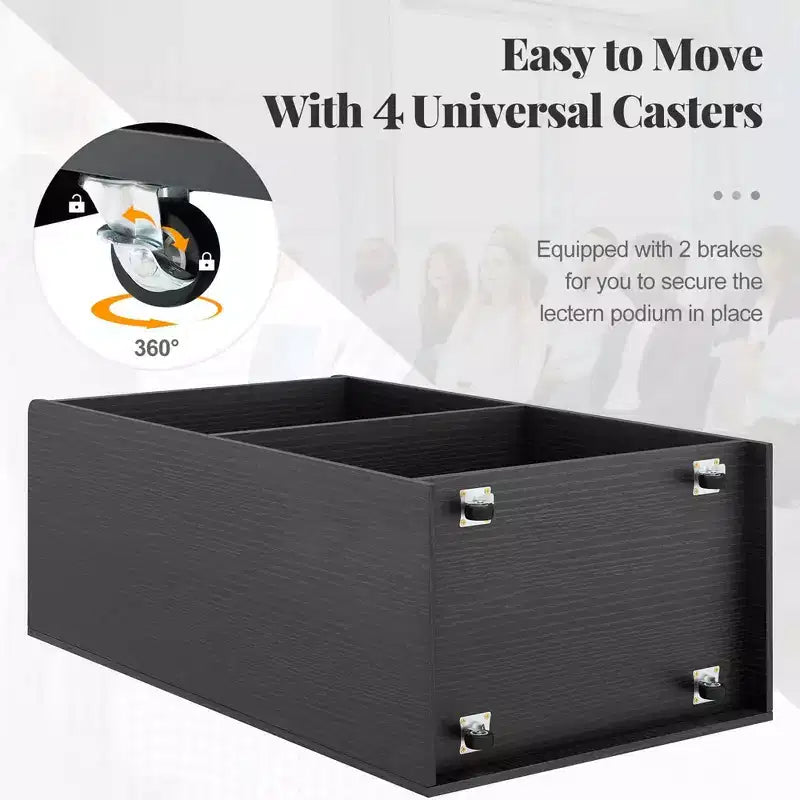 Pupitre de présentation de 104 cm avec 2 étagères de rangement, un support pour ordinateur portable et 4 roulettes pivotantes