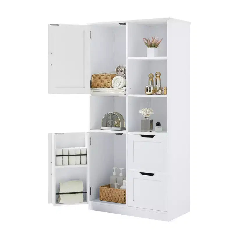 Meuble de rangement de salle de bain blanc, sur pied avec plusieurs compartiments de rangement et étagères ouvertes