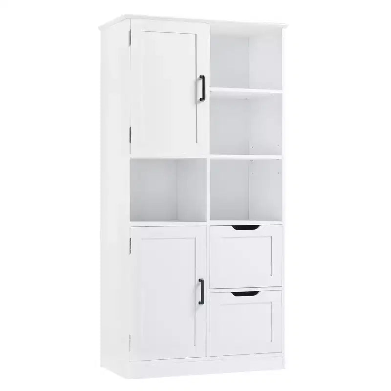Meuble de rangement de salle de bain blanc, sur pied avec plusieurs compartiments de rangement et étagères ouvertes