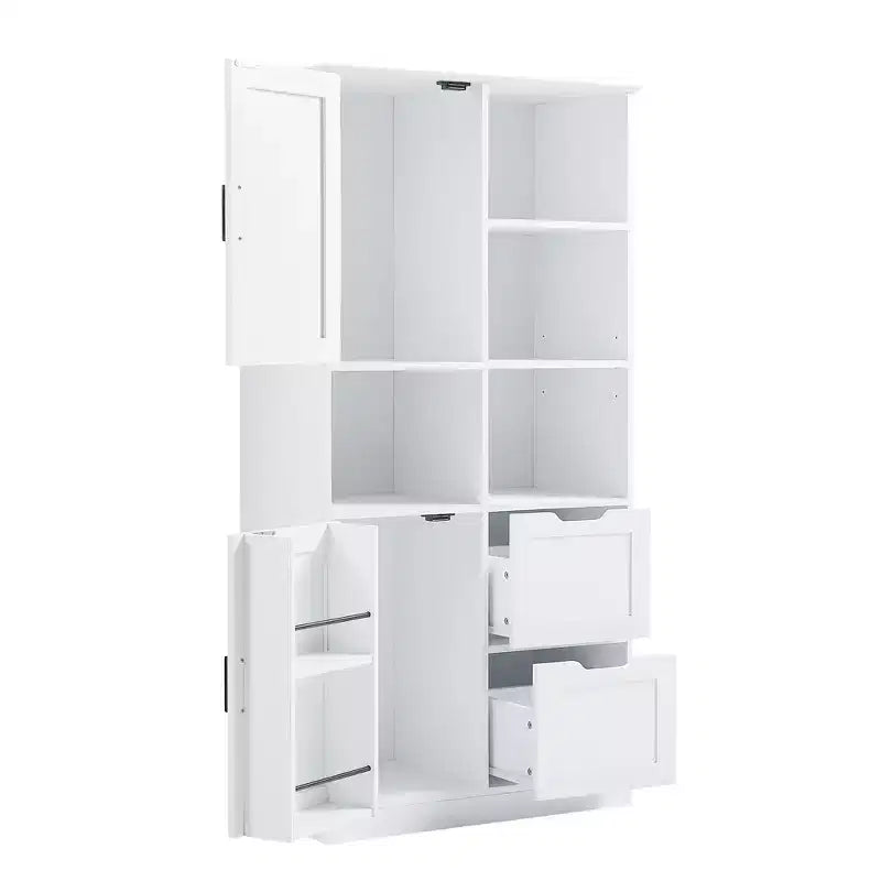Meuble de rangement de salle de bain blanc, sur pied avec plusieurs compartiments de rangement et étagères ouvertes