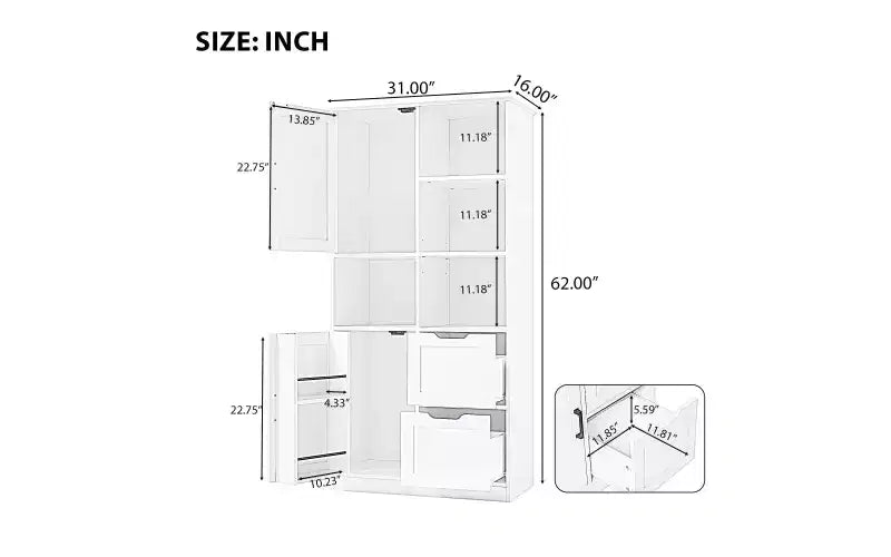 Meuble de rangement de salle de bain blanc, sur pied avec plusieurs compartiments de rangement et étagères ouvertes