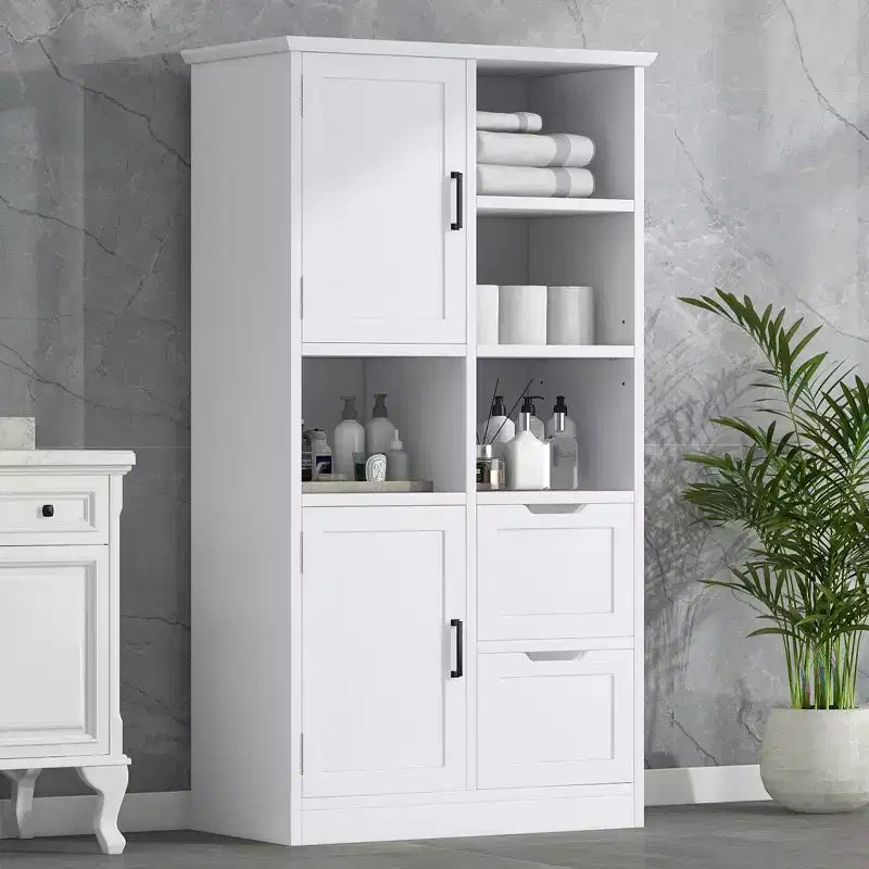 Meuble de rangement de salle de bain blanc, sur pied avec plusieurs compartiments de rangement et étagères ouvertes