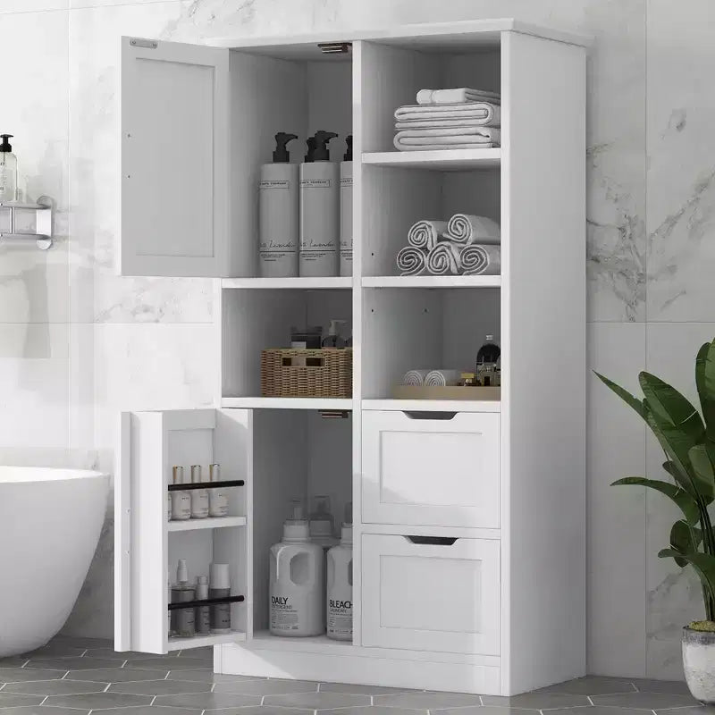 Meuble de rangement de salle de bain blanc, sur pied avec plusieurs compartiments de rangement et étagères ouvertes