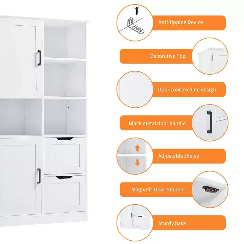 Meuble de rangement de salle de bain blanc, sur pied avec plusieurs compartiments de rangement et étagères ouvertes