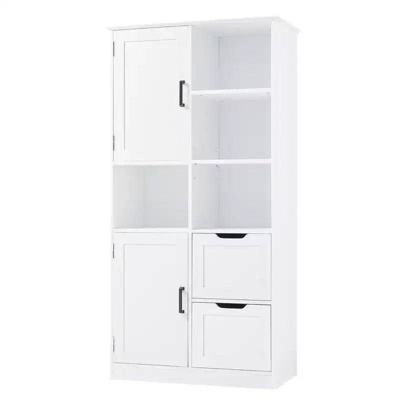 Meuble de rangement de salle de bain blanc, sur pied avec plusieurs compartiments de rangement et étagères ouvertes