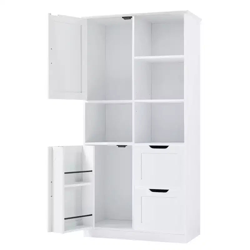 Meuble de rangement de salle de bain blanc, sur pied avec plusieurs compartiments de rangement et étagères ouvertes