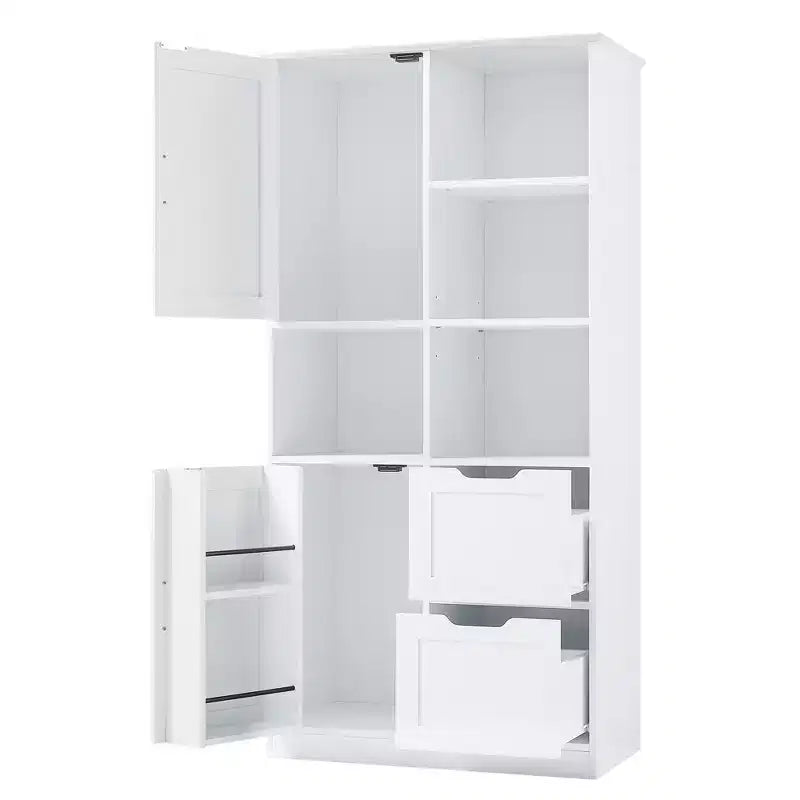 Meuble de rangement de salle de bain blanc, sur pied avec plusieurs compartiments de rangement et étagères ouvertes