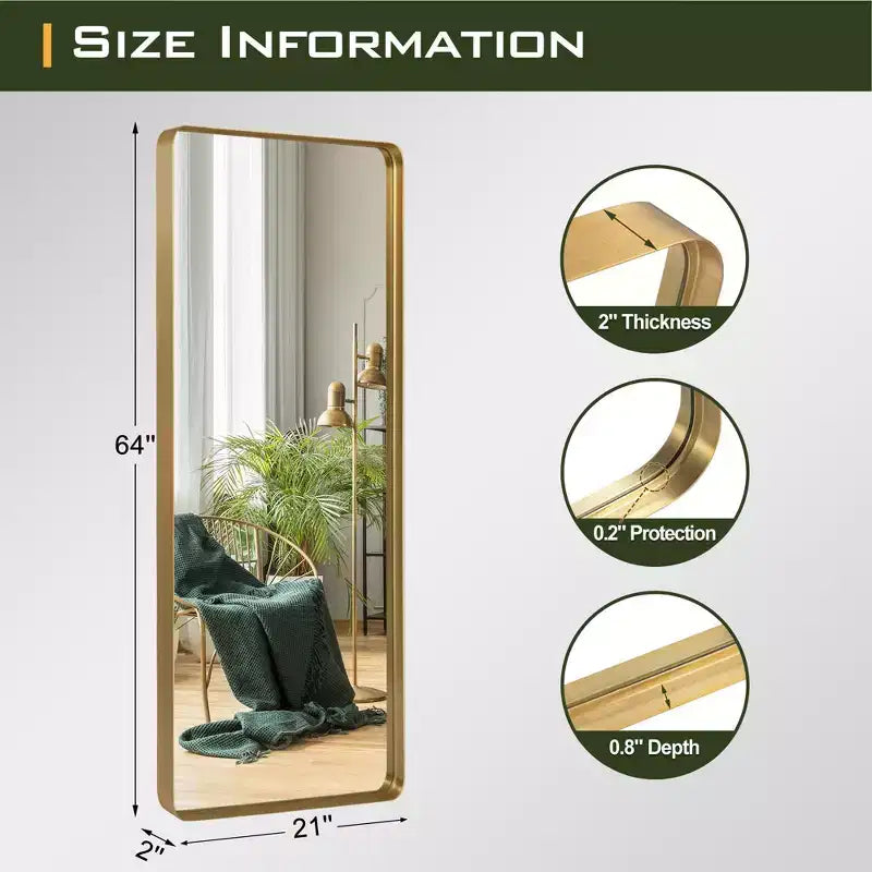 Miroir sur pied en alliage d'aluminium – 162 x 53 cm, rectangle arrondi, autoportant