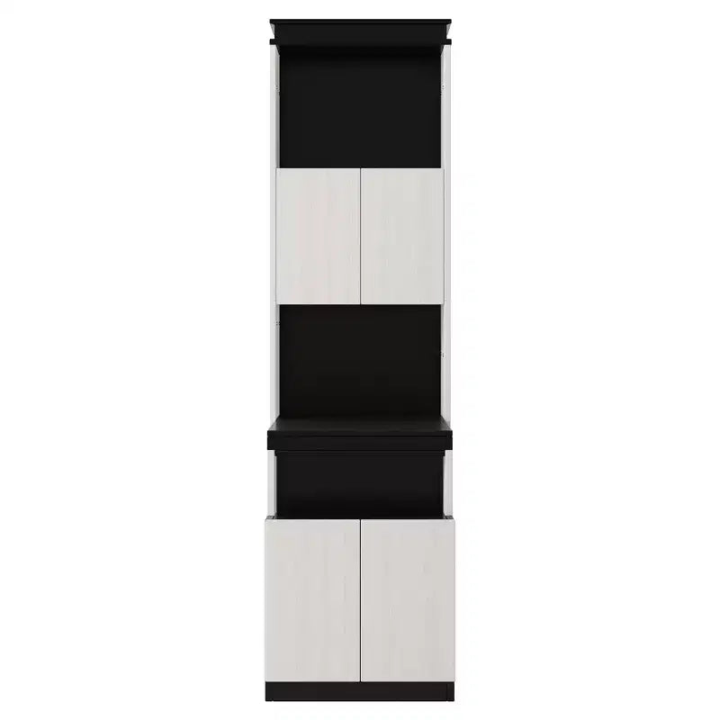 Lit escamotable mural pleine grandeur avec bureau, étagères de rangement et armoires, noir et blanc