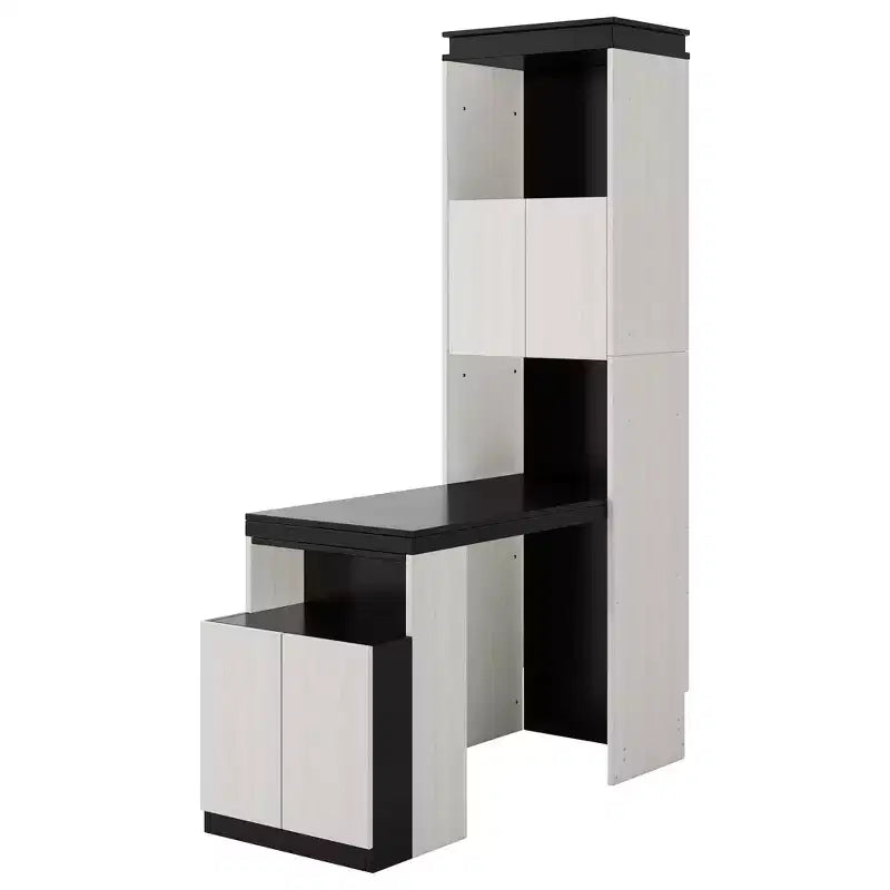 Lit escamotable mural pleine grandeur avec bureau, étagères de rangement et armoires, noir et blanc