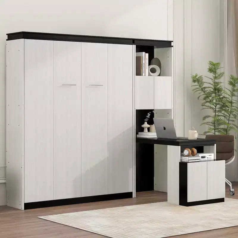 Lit escamotable mural pleine grandeur avec bureau, étagères de rangement et armoires, noir et blanc