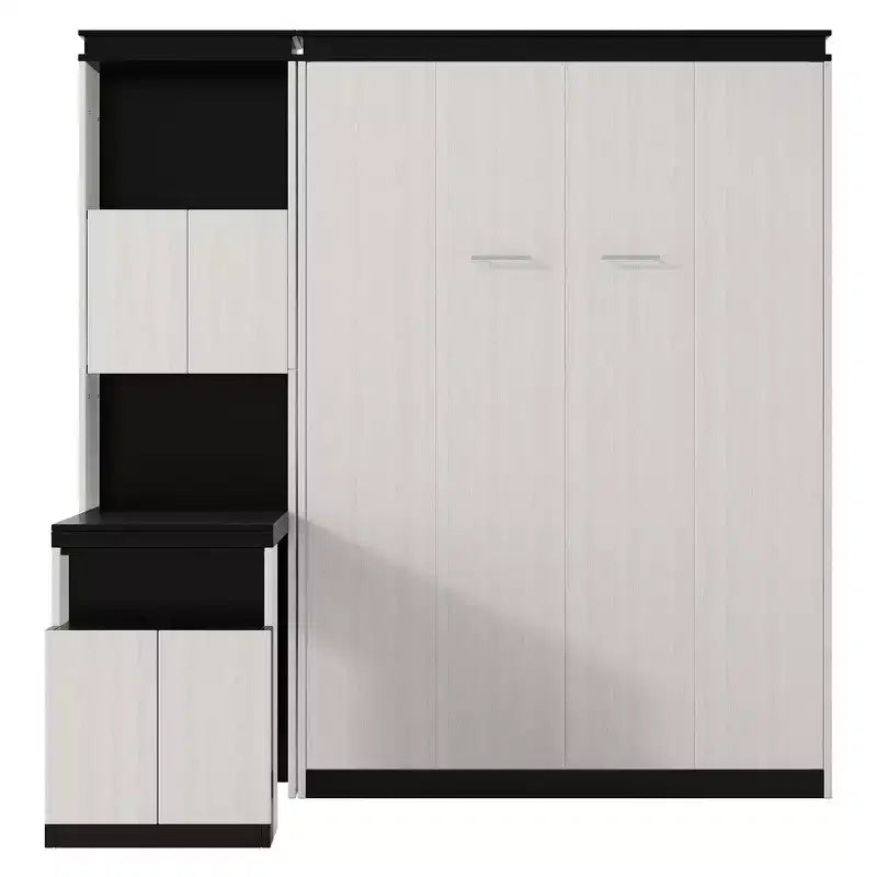 Lit escamotable mural pleine grandeur avec bureau, étagères de rangement et armoires, noir et blanc