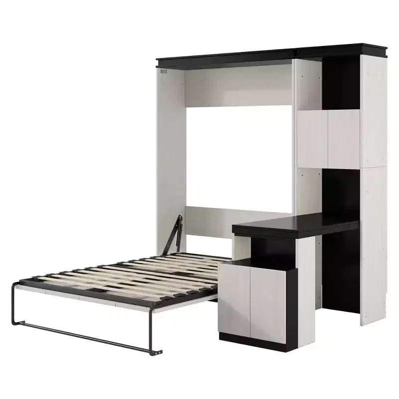 Lit escamotable mural pleine grandeur avec bureau, étagères de rangement et armoires, noir et blanc