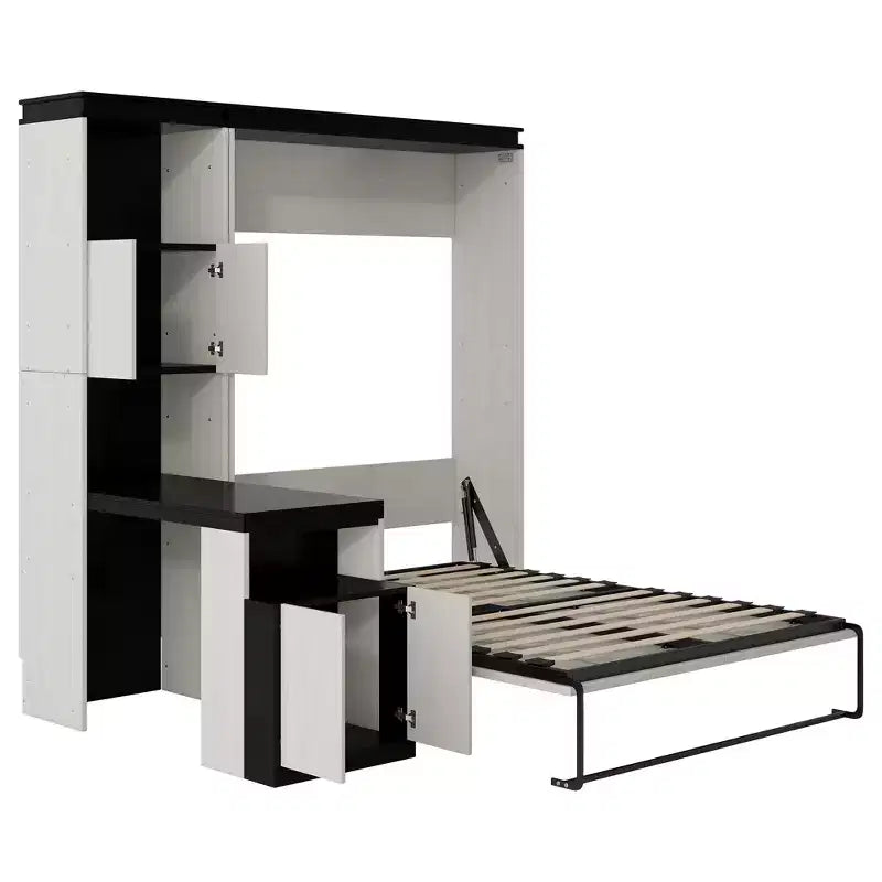 Lit escamotable mural pleine grandeur avec bureau, étagères de rangement et armoires, noir et blanc