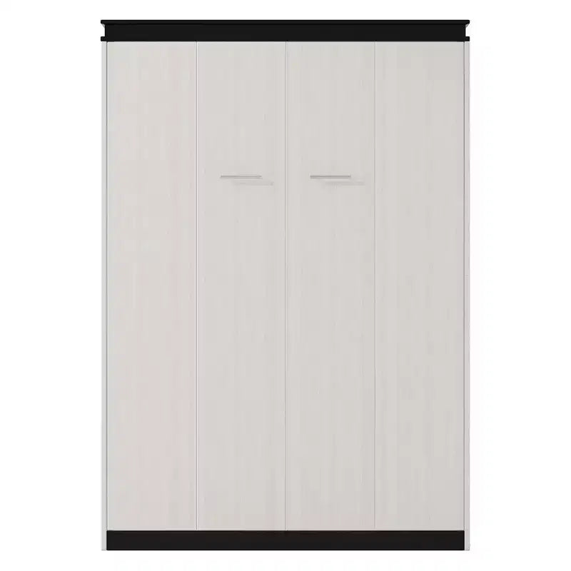 Lit escamotable mural pleine grandeur avec bureau, étagères de rangement et armoires, noir et blanc