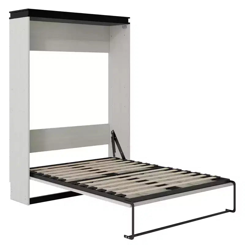Lit escamotable mural pleine grandeur avec bureau, étagères de rangement et armoires, noir et blanc