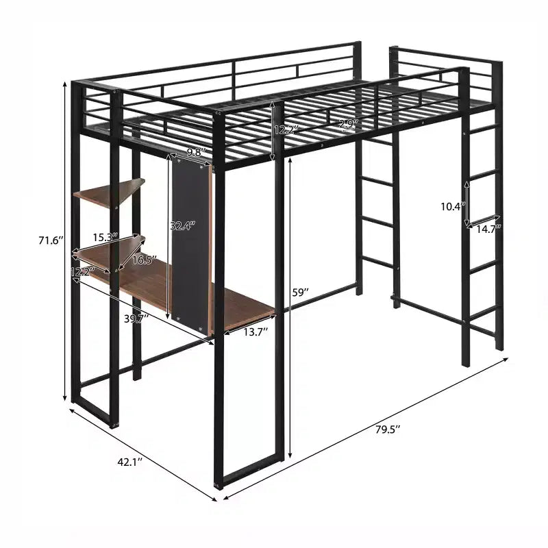 Lit mezzanine double en métal avec bureau, étagère et échelle intégrés