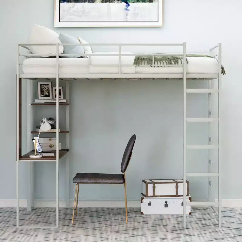 Lit mezzanine double en métal avec bureau, étagère et échelle intégrés