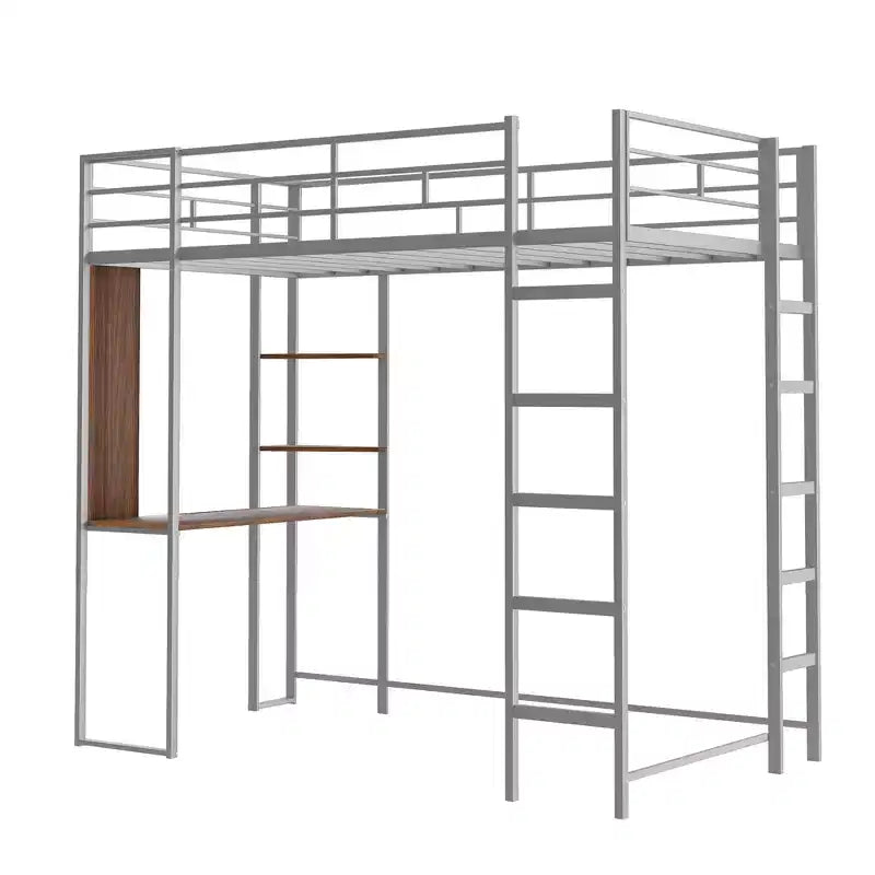 Lit mezzanine double en métal avec bureau, étagère et échelle intégrés