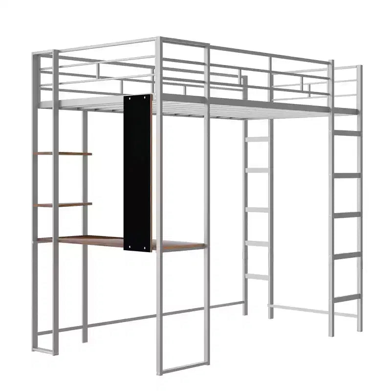 Lit mezzanine double en métal avec bureau, étagère et échelle intégrés